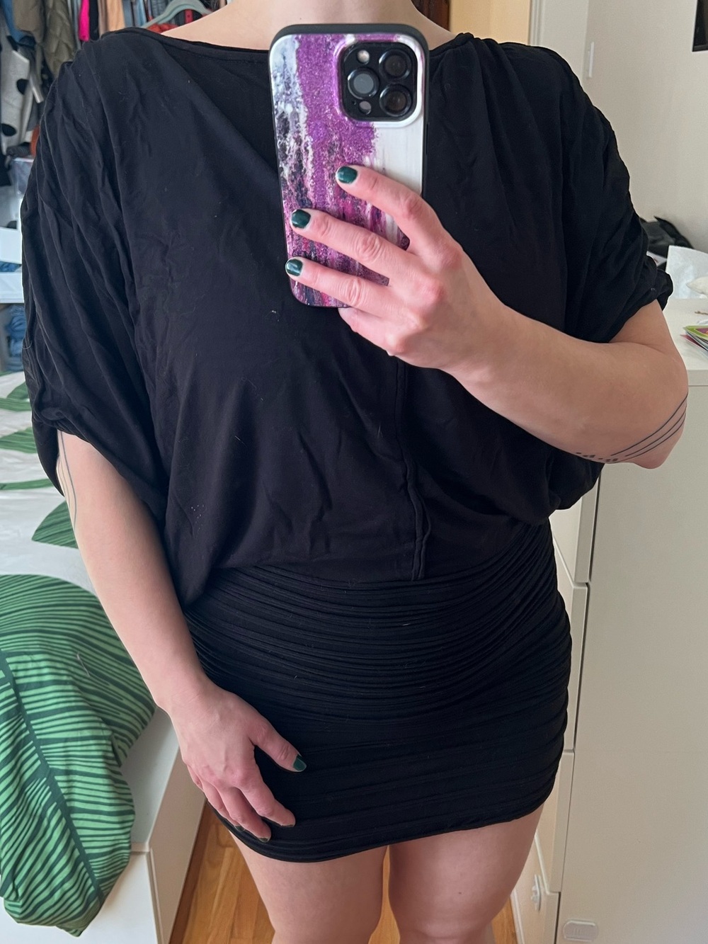 Max studio Batwing LBD with textured mini skirt size XS